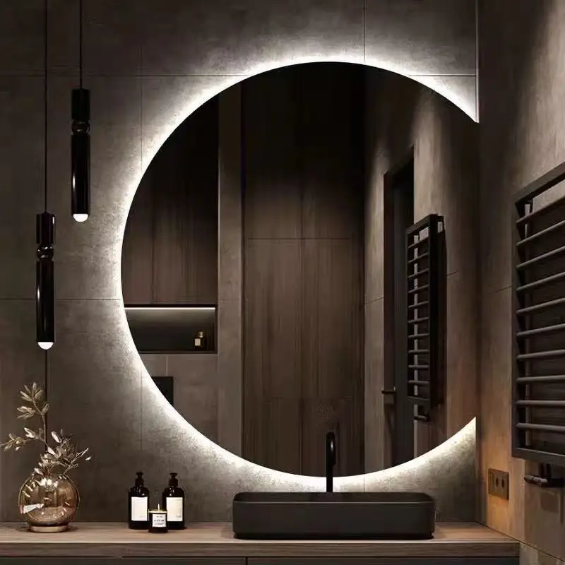 Modern LED Wall Mounted Semi-Circular Asymmetrical Mirror for Salon Hotel Bathroom Bedroom & Living Room Graphic Design Solution - Image 3