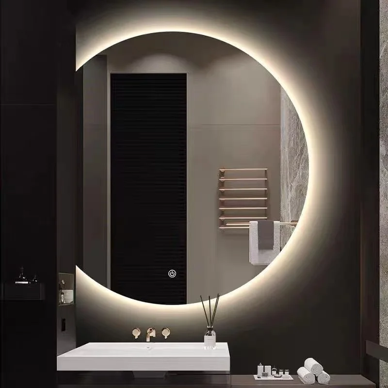Modern LED Wall Mounted Semi-Circular Asymmetrical Mirror for Salon Hotel Bathroom Bedroom & Living Room Graphic Design Solution